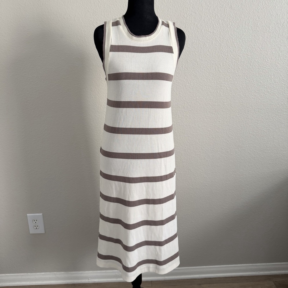 Splendid Small Midi Dress Ivory Tan Stretch Striped Boho Resort Vacation Cruise